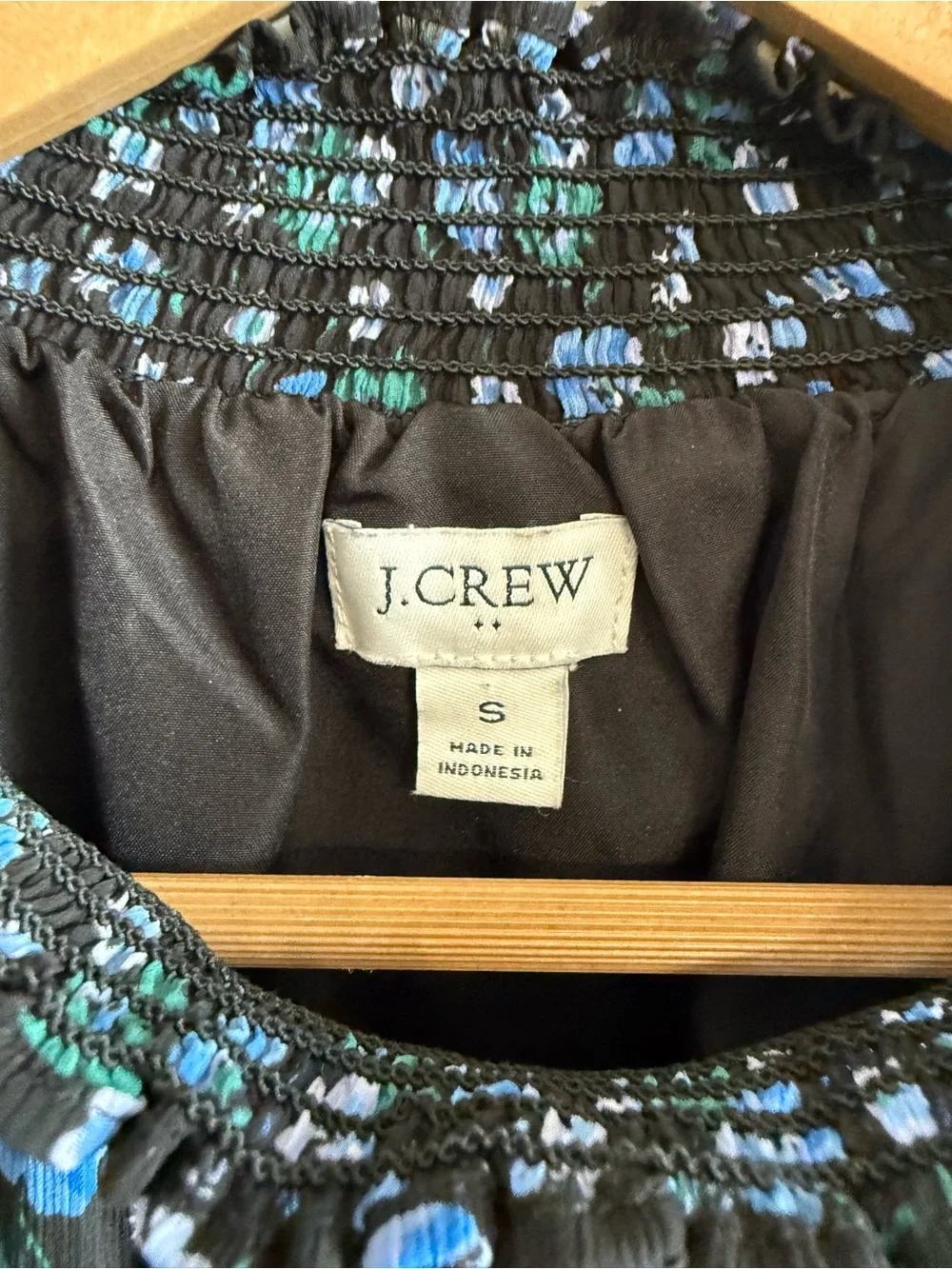 J Crew Black Floral Smocked Neck Long Sleeve Blouse Blue & Green Floral Size SM